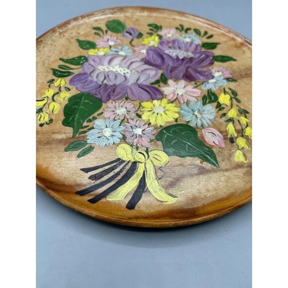 Vtg Hand Painted Floral Wooden Wall Plate Decorative 8"‎ Purple - Picture 2 of 4